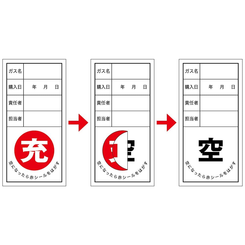 高圧ガス関係標識 ボンベ充空ステッカー 充（赤）⇒空（黒） 札-12 1組（10枚入）　042012 1組(10枚入)