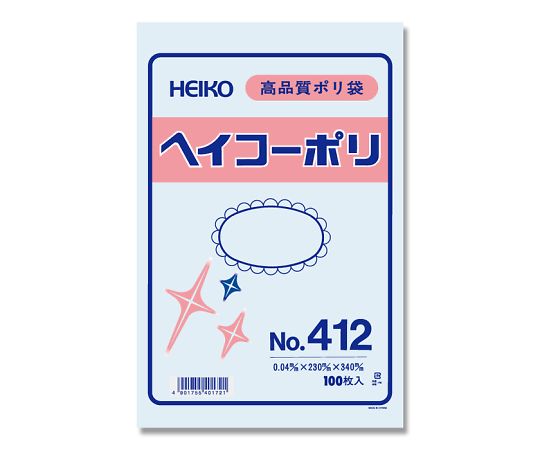HEIKO Poly Bags, Transparent, Heiko Polyethylene Bags, 0.04mm Thick, No. 412, 100 Bags, 006618200, 1 Pack (100 Bags)