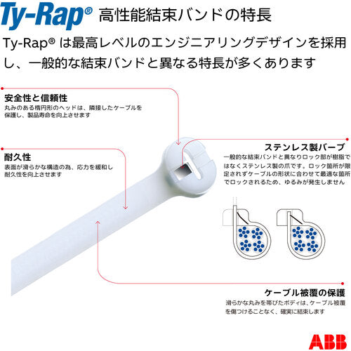 ＴＹ−Ｒａｐ　高性能ケーブルタイ（結束バンド）標準グレード（ナチュラル色）（小袋）幅３．６Ｘ長さ２０８ｍｍ１００本入り　TY5242MR　1 袋