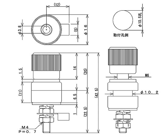 絶縁ターミナル　3.8mm　取付孔Φ10.5mm　赤　T-12-16-R 1個