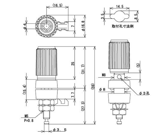 絶縁ターミナル　4mm　取付孔Φ8.5mm　赤　T-3830-R 1個