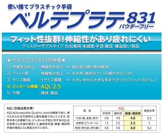 塩化ビニール手袋 ベルテプラテ831 S パウダーフリー 100枚入　VERTE-831-S 1箱(100枚入)