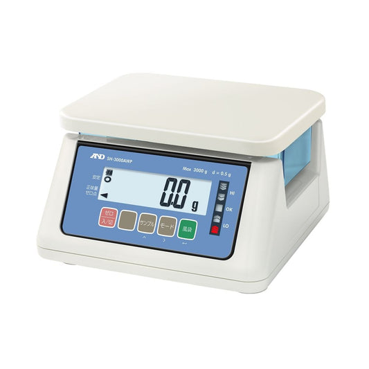 Dustproof and waterproof scale with comparator light SH-AWP series Capacity: 3000g Minimum display: 0.1g/0.2g/0.5g*/1g: *Factory settings (can be switched in internal settings) SH-3000AWP 1 unit