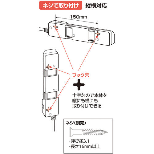 ＥＬＰＡ　コード付タップ　耐雷ＳＷ付タップ（ブレーカー）　４個口２Ｍ　WLK-42B(W)　1 個