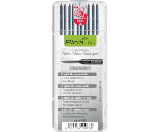 Replacement lead for "Dry" mechanical pencil for construction use, 10 pieces, black 2B 4030, 1 pack (10 pieces)