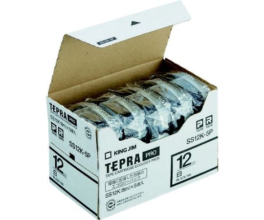 순정 「테프라」 PRO 테이프 12 mm 에코 팩(5개들이)/흰색 라벨/흑문자 길이 8 m SS12K-5P 1 팩(5개입)