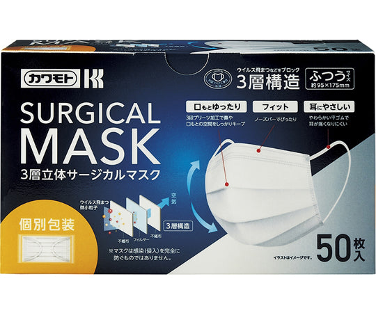 3層立体サージカルマスク 50枚入 個包装 1箱(50枚入)