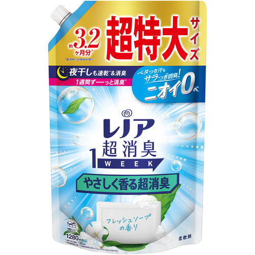 P&amp;G 레노아 초소취 1WEEK 유연제 부드럽게 향기나는 초소취 프레쉬 소프 리필 초특대 1280ml 217585 1개