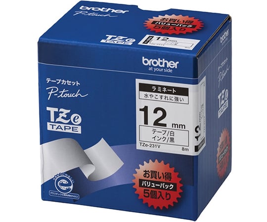 P-touch Laminated Tape, Width 12mm (Black Text/White/Value Pack of 5) TZe-231V 1 Pack (5 Pieces)