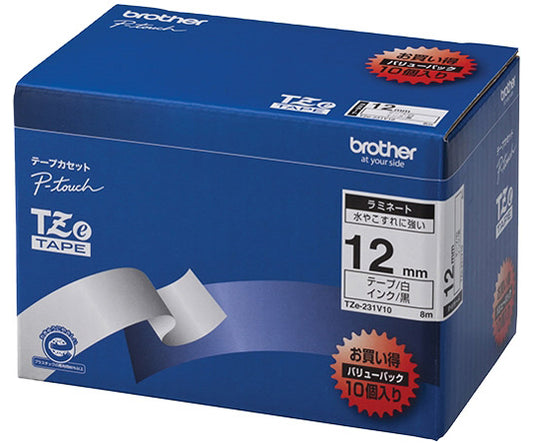 P-touch Laminated Tape, Width 12mm (Black Text/White/Value Pack of 10) TZe-231V10, 1 Pack (10 Pieces)