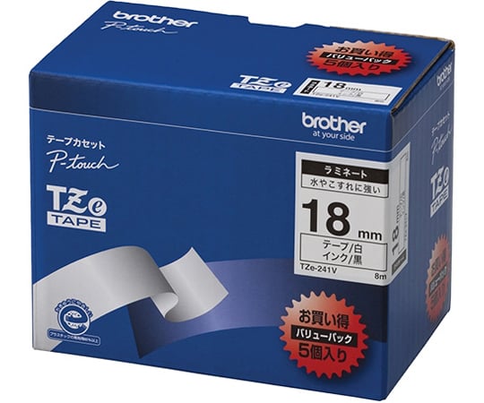 ピータッチ ラミネートテープ 幅18mm（黒文字/白/お得5本パック）　TZe-241V 1パック(5本入)