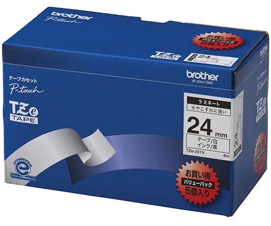 P-touch Laminated Tape, Width 24mm (Black Text/White/Value Pack of 5) TZe-251V 1 Pack (5 Pieces)