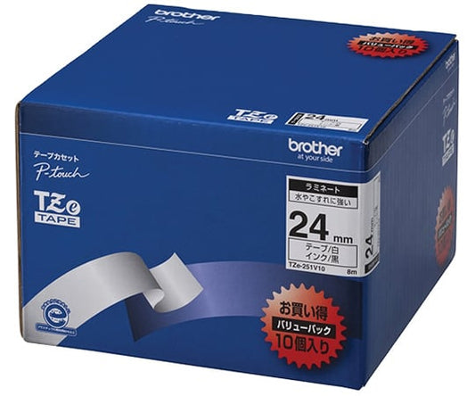 P-touch Laminated Tape, Width 24mm (Black Text/White/Value Pack of 10) TZe-251V10, 1 Pack (10 Pieces)