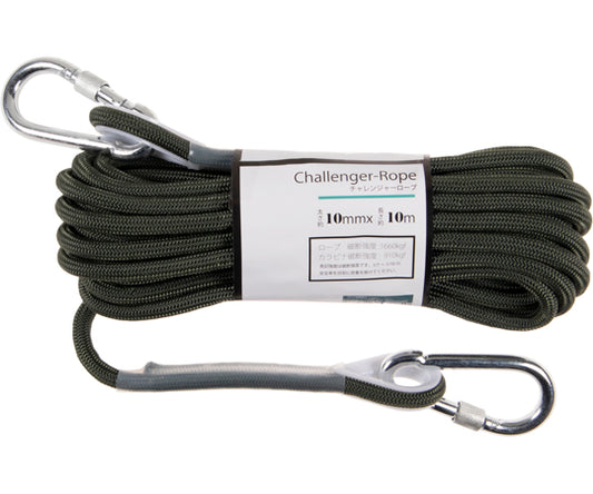 양단 카라비나 부착 로프 챌린저 로프 아미 그린색 카라비나 약 900kgf 로프 약 1600kgf(파단 강도) 두께 약 10mm×길이 약 10m 01130001 1개