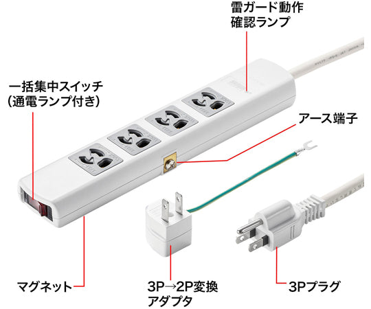 雷ガードタップ 3P・4個口（抜け止めタイプ） 3m　TAP-SP34MG-3 1セット