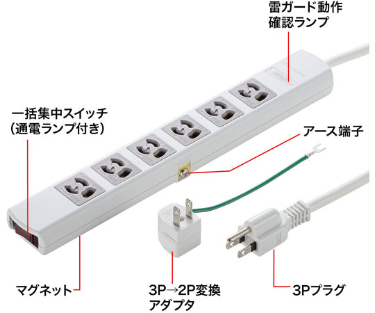 雷ガードタップ 3P・6個口（抜け止めタイプ） 3m　TAP-SP36MG-3 1セット