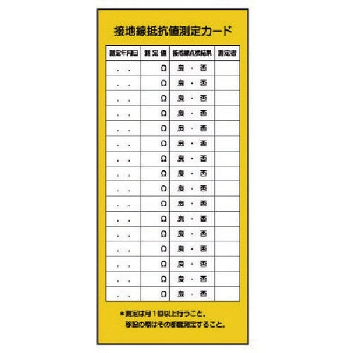 ユニット　電気関係標識　接地線抵抗値測定カード　325-23　1 枚