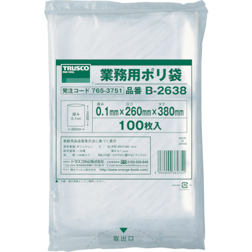 ＴＲＵＳＣＯ　厚手ポリ袋　縦３８０Ｘ横２６０Ｘｔ０．１　透明　（１００枚入）　B-2638　1 袋