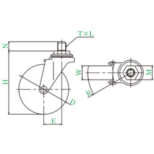 유에이 나사식 식 자재 캐스터 나일론 바퀴 직경 50mm E타입 ET형 나사 치수 M12×35피치 1.75 ET-50N-M12-35 1개