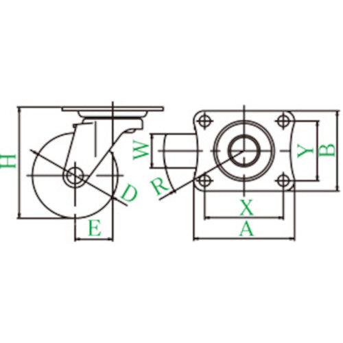 유에이 플레이트식 자재 캐스터 나일론 바퀴 직경 50mm L타입 LG형 설치 치수 46×35 LG-50N 1개