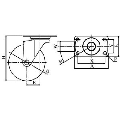 유에이 플레이트식 자재 스테인리스 캐스터 고무 바퀴 직경 100mm E타입 SUS-E형 설치치수 82×40 SUS-E-100RH