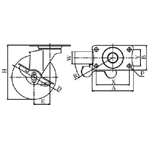유에이 플레이트식 자재 스테인리스 캐스터 고무 바퀴 지름 50mm 스토퍼 부착 E타입