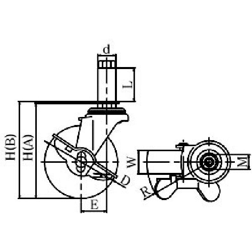 YUEI Insertable Caster, Rubber, Wheel Diameter 50mm, with Stopper, L Type, LTF-S Type, Pipe Diameter 24, LTF-50RS-24P, 1 pc