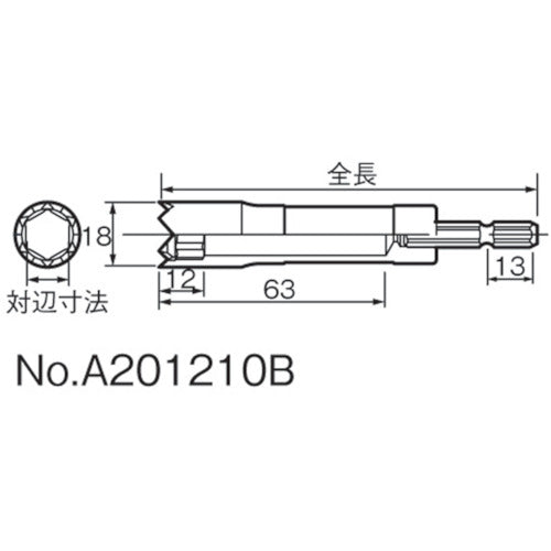 ＶＥＳＳＥＬ　Ｐコン用ギザ付きソケットＡ２０　対辺１２×１０５ｍｍ　A201210B　1 個