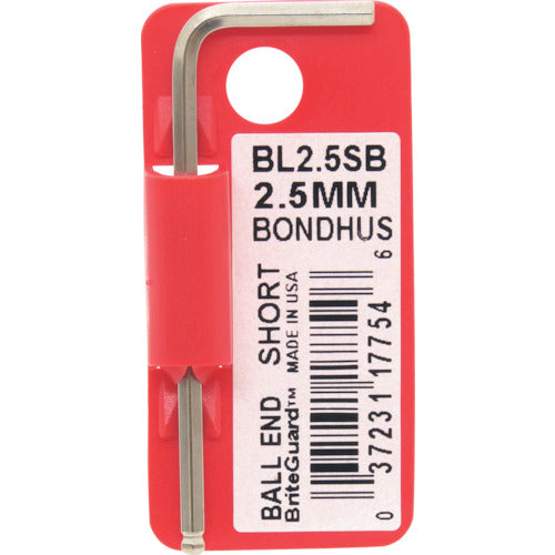 ＢＯＮＤＨＵＳ　六角棒レンチ　ボールポイント・Ｌ−レンチ　ショート　メッキ　対辺２．５ｍｍ　首下寸法１７ｍｍ　全長５５ｍｍ　BL2.5SB　1 本