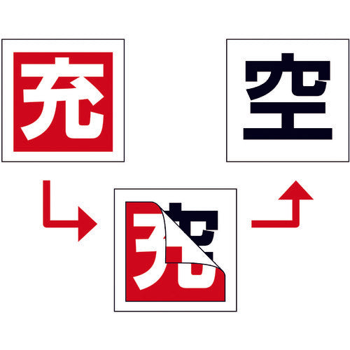 緑十字　高圧ガス関係標識　ボンベ充空ステッカー　充（赤）⇒空（白）　札−６　５０×５０ｍｍ　１０枚組　042006　1 組