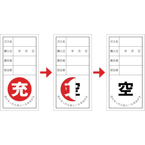 緑十字　高圧ガス関係標識　ボンベ充空ステッカー　充（赤）⇒空（黒）　札−１２　１００×５０ｍｍ　１０枚組　042012　1 組