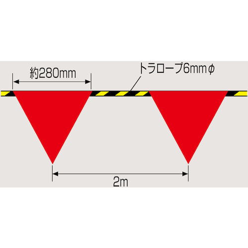 緑十字　三角旗付標識ロープ（トラロープ）　電線注意　標識ロープ−４　６ｍｍΦ×２０ｍ（２８０ｍｍ三角）　281004　1 巻