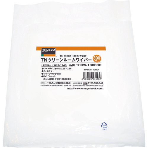 ＴＲＵＳＣＯ　ＴＮクリーンルームワイパー１０００　２２８Ｘ２２８ｍｍ３００枚入　TCRW-1000CP　1 袋