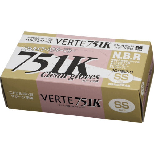 ミドリ安全　ニトリル使い捨て手袋　粉なし　白　ＳＳ　（１００枚入）　VERTE-751K-SS　1 箱