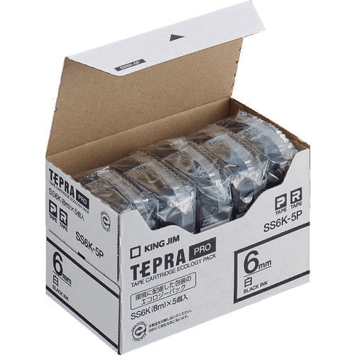 KING JIM 【순정】 “테프라” PRO 테이프 6 mm 에코 팩(5개들이)/흰색 라벨/흑문자 길이 8 m SS6K-5P 1 PK