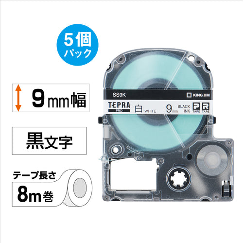 KING JIM 【순정】 “테프라” PRO 테이프 9 mm 에코 팩(5개들이)/흰색 라벨/흑문자 길이 8 m SS9K-5P 1 PK