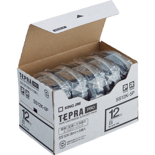 KING JIM 【순정】 “테프라” PRO 테이프 12 mm 에코 팩(5개들이)/흰색 라벨/흑문자 길이 8 m SS12K-5P 1 PK