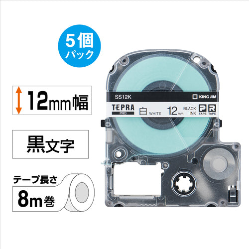 KING JIM 【순정】 “테프라” PRO 테이프 12 mm 에코 팩(5개들이)/흰색 라벨/흑문자 길이 8 m SS12K-5P 1 PK