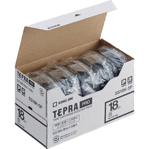 KING JIM 【순정】 “테프라” PRO 테이프 18 mm 에코 팩(5개들이)/흰색 라벨/흑문자 길이 8 m SS18K-5P 1 PK