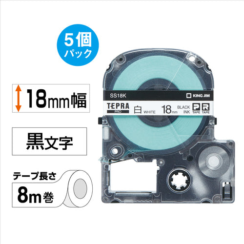 KING JIM 【순정】 “테프라” PRO 테이프 18 mm 에코 팩(5개들이)/흰색 라벨/흑문자 길이 8 m SS18K-5P 1 PK