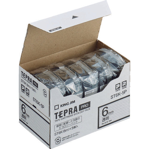 KING JIM 【순정】 “테프라” PRO 테이프 6 mm 에코 팩(5개들이)/투명 라벨/흑문자 길이 8 m ST6K-5P 1 PK