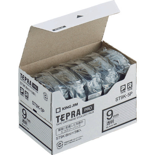 KING JIM 【순정】 “테프라” PRO 테이프 9 mm 에코 팩(5개들이)/투명 라벨/흑문자 길이 8 m ST9K-5P 1 PK