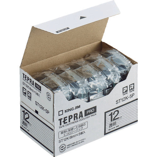 KING JIM 【순정】 “테프라” PRO 테이프 12 mm 에코 팩(5개들이)/투명 라벨/흑문자 길이 8 m ST12K-5P 1 PK