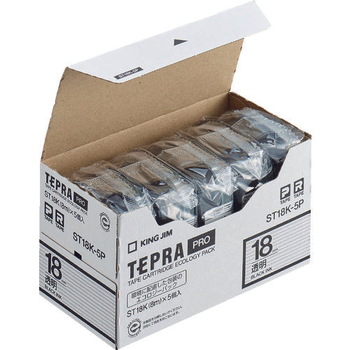 KING JIM 【순정】 “테프라” PRO 테이프 18 mm 에코 팩(5개들이)/투명 라벨/흑문자 길이 8 m ST18K-5P 1 PK
