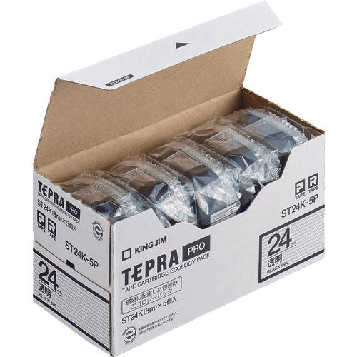 KING JIM 【순정】 “테프라” PRO 테이프 24 mm 에코 팩(5개들이)/투명 라벨/흑문자 길이 8 m ST24K-5P 1 PK