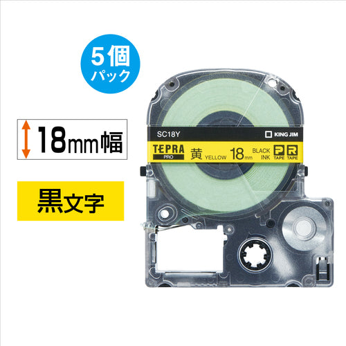KING JIM 【순정】 “테프라” PRO 테이프 18 mm 에코 팩(5개들이)/노란 라벨/흑문자 길이 8 m SC18Y-5P 1 PK