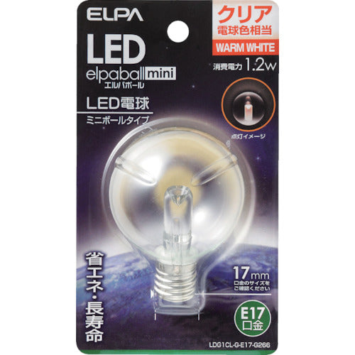 ＥＬＰＡ　電球（ＬＥＤ）　ＬＥＤ電球Ｇ５０形Ｅ１７　明るさ４５ｌｍ　クリア電球色相当　LDG1CL-G-E17-G266　1 個