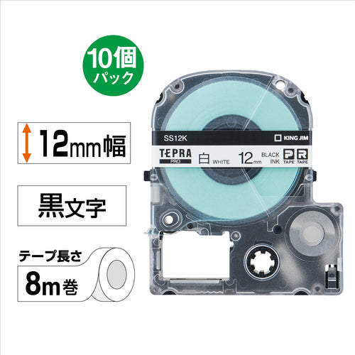 KING JIM 【순정】 “테프라” PRO 테이프 12 mm 에코 팩(10개들이)/흰색 라벨/흑문자 길이 8 m SS12K-10PN 1 PK
