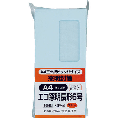 キングコーポ　長６　窓明封筒テープのり付きソフトブルー１００枚　N6SGM80BQ　1 PK