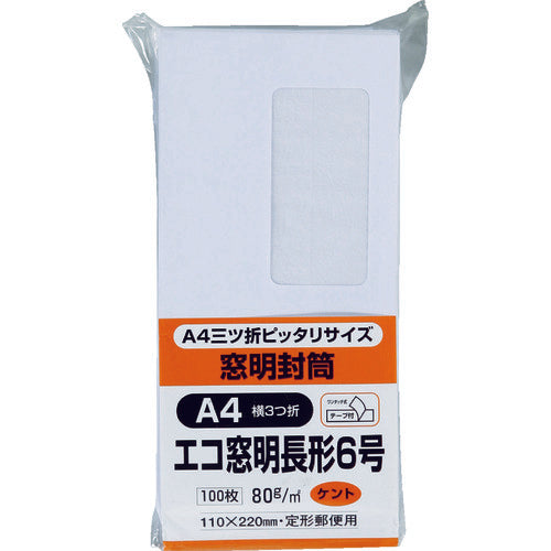 キングコーポ　長６　窓明封筒テープのり付きケント　１００枚　N6WGM80Q　1 PK